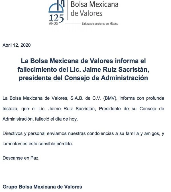 Fallece Jaime Ruiz, presidente de la Bolsa Mexicana de Valores