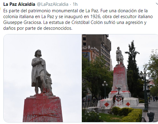 Estatua de Cristóbal Colón es vandalizada en Bolivia