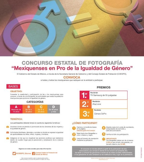INVITA CONSEJO ESTATAL DE POBLACIÓN A PARTICIPAR EN CONCURSO ESTATAL DE FOTOGRAFÍA EN PRO DE LA IGUALDAD DE GÉNERO