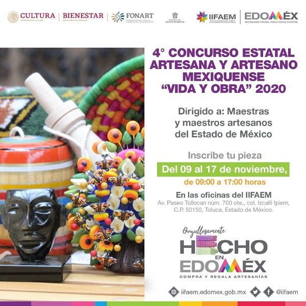 LANZAN CONVOCATORIA DEL CUARTO CONCURSO ESTATAL ARTESANO MEXIQUENSE “VIDA Y OBRA” 2020