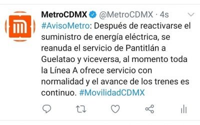 SE REANUDA EL SERVICIO EN LA LÍNEA A DEL METRO CDMX