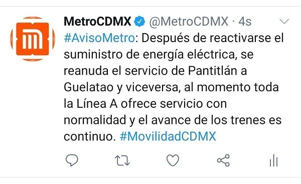 SE REANUDA EL SERVICIO EN LA LÍNEA A DEL METRO CDMX
