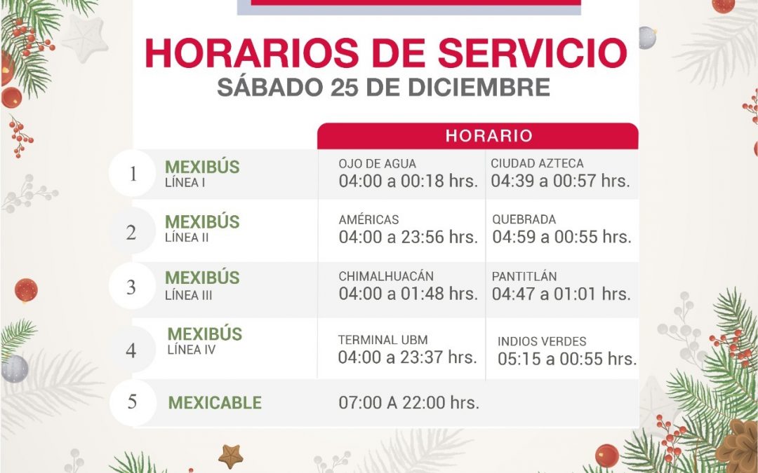 MEXIBÚS Y MEXICABLE OPERARÁN CON HORARIO ESPECIAL LOS DÍAS 24 Y 25 DE DICIEMBRE