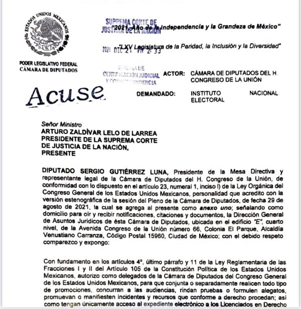 Cámara de Diputados presentó ante la Suprema Corte una demanda de controversia constitucional contra el INE