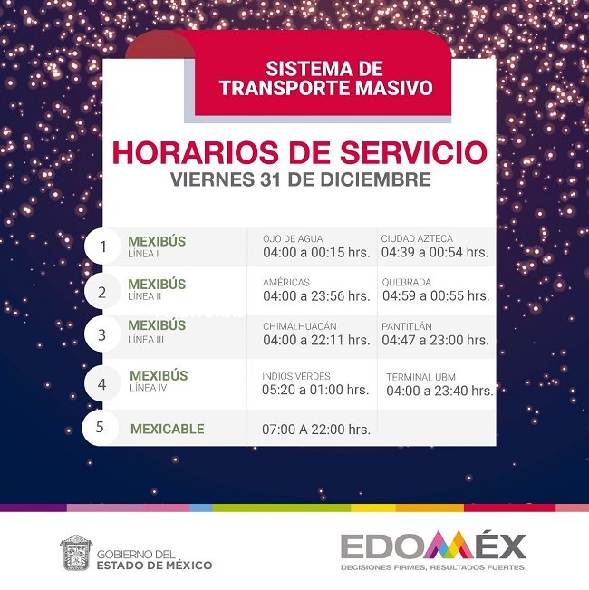 MEXIBÚS Y MEXICABLE BRINDARÁN SERVICIO CON HORARIO DIFERENCIADO LOS DÍAS 31 DE DICIEMBRE DE 2021 Y 1 DE ENERO DE 2022
