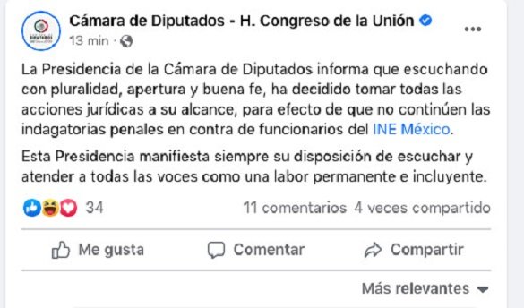 Presidencia de la Mesa Directiva en Diputados se desiste de continuar denuncia contra consejeros electorales del INE