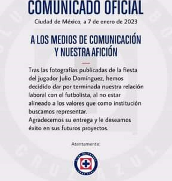 Cruz Azul, despide a jugador