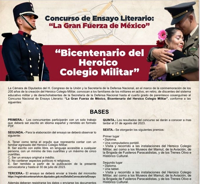 CÁMARA DE DIPUTADOS Y SEDENA CONVOCAN A PARTICIPAR EN CONCURSOS DE ENSAYO Y DIBUJO, EN EL MARCO DEL BICENTENARIO DEL COLEGIO MILITAR