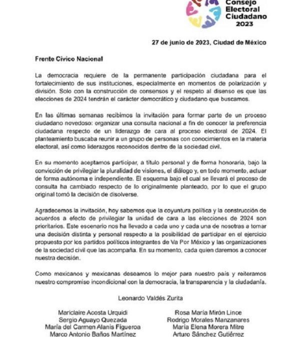 Consejo Electoral Ciudadano declina participar en el método de elección del Frente Amplio por México