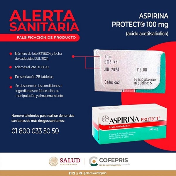 Cofepris alerta sobre Aspirina Protect falsa