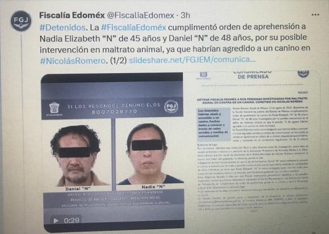 Detienen a pareja por presunta muerte del perrito “Kuko” en Nicolás Romero