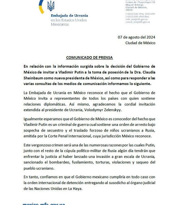 Ucrania le pide a México detener a Putin, en caso, de que acuda a la toma de protesta de Sheinbaum